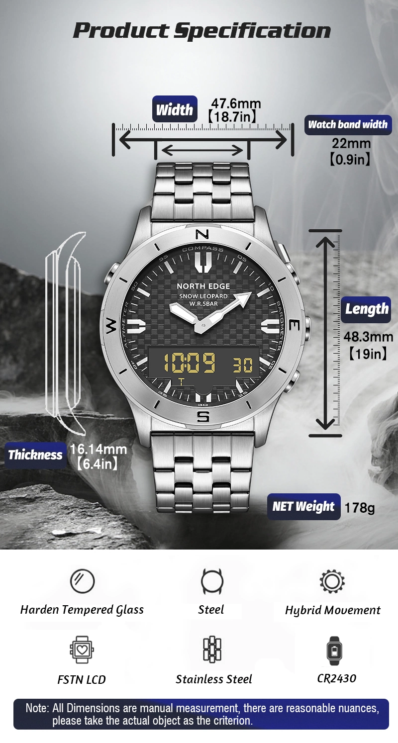 2022 North Edge Stainless Steel Men Watch Compass Outdoor Sport Smart Watches Gift Watches Wrist Watch Analog Watch Reloj Inteligente Relógio Inteligente
